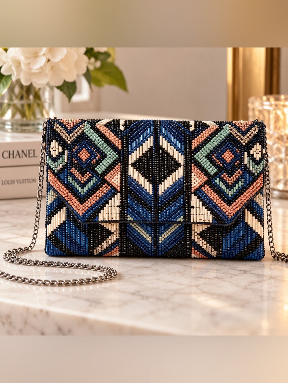 New Look Beaded Geometric Clutch Crossbody Bag Chain Strap